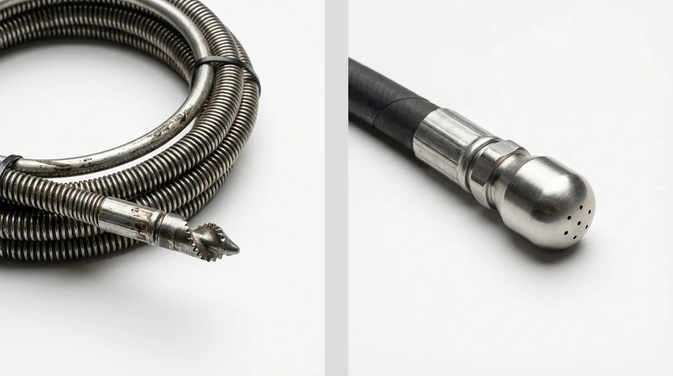 Drain snake cable and hydro jetting nozzle used for drain cleaning in Lakewood, NJ