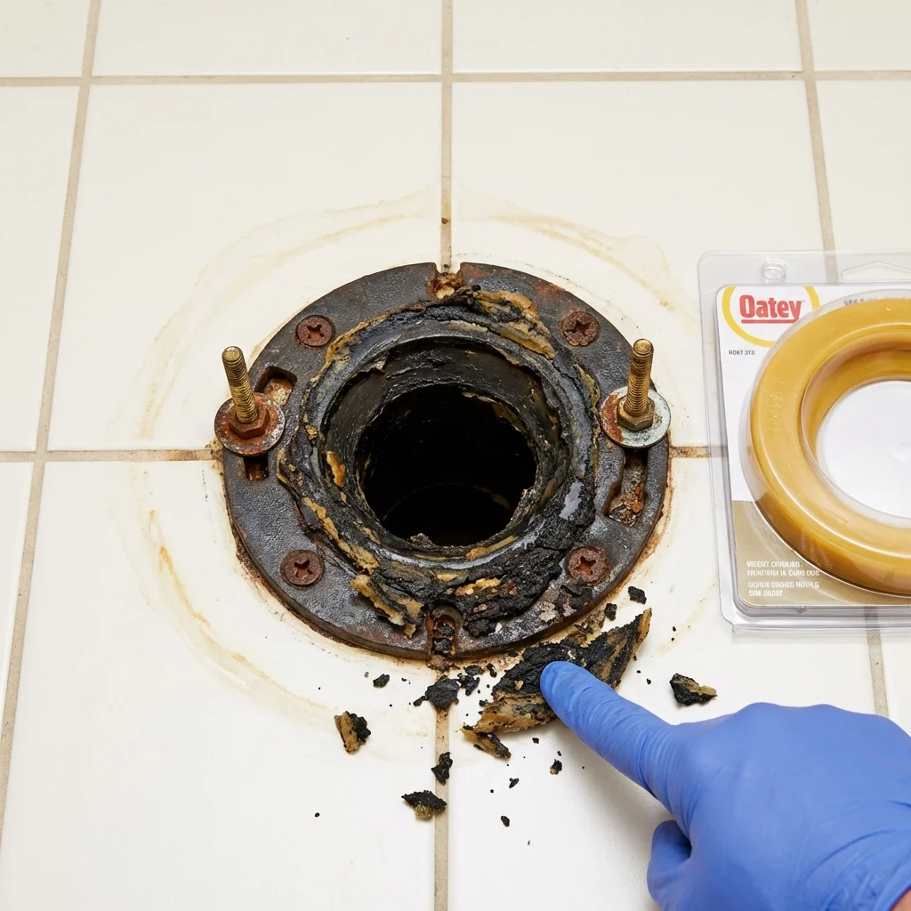 Failed wax ring showing water seepage at the base of a toilet in a Lakewood, NJ home