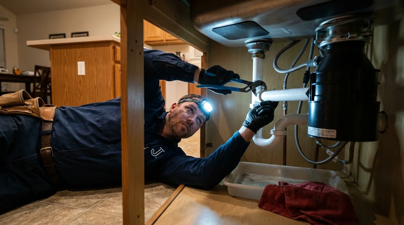 P-trap and supply line connections under a kitchen sink showing a common leak point in Lakewood, NJ